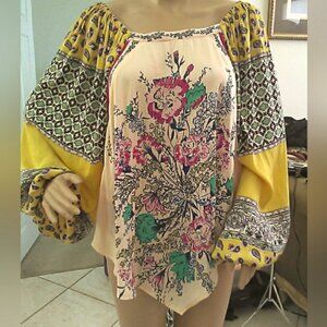 BNWOTVFree People Asymmetrical Pink & Yellow Graphic Blouse SZ. SM
